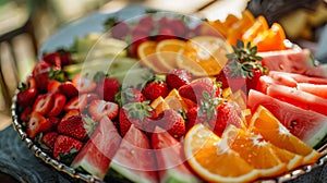 A platter of fresh fruits including ripe strawberries juicy slices of watermelon and vibrant orange segments arranged in