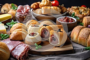 platter of freshly baked rolls, cheese, and charcuterie for a party appetizer