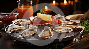 A platter of freshly shucked oysters on a bed of ice, with lemon wedges and cocktail sauce. Generative AI