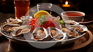 A platter of freshly shucked oysters on a bed of ice, with lemon wedges and cocktail sauce. Generative AI
