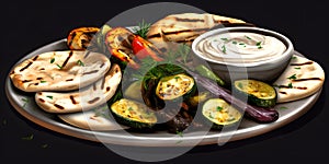 A platter of grilled vegetables with hummus and pita brea generative AI