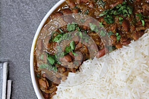 A platter of Indian red Kidney beans curry or Rajma Masala and rice