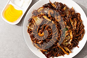 Platter Jjajangmyeon with stir-fried noodles in Jjajang sauce