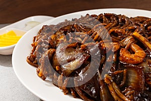 Platter Jjajangmyeon with stir-fried noodles in Jjajang sauce