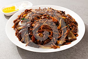 Platter Jjajangmyeon with stir-fried noodles in Jjajang sauce