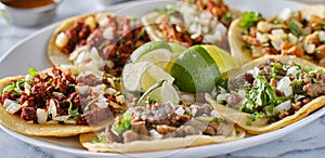 Platter of mexican street tacos with carne asada, chorizo, and al pastor in corn tortillas