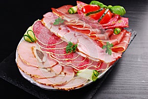 Platter of sliced ham,salami and cured meat