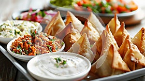 A platter of small bites offering a tantalizing mix of flavors and textures from crispy samosas to creamy hummus and