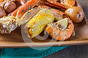 Platter of southern garlic crabs seafood boil
