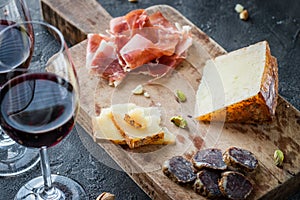 Platter with Spanish ham jamon serrano or Italian prosciutto crudo, sliced Italian hard cheese pecorino toscano