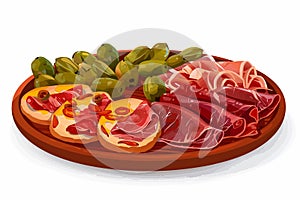 Platter of Spanish Tapas with Jamn Ibrico isolated illustration