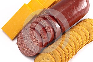 Platter of Summer Sausage Crackers and Cheddar Cheese on a White Background