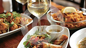 A platter of y Asian dishes including red curry pad thai and crispy spring rolls is paired with a gl of offdry Riesling