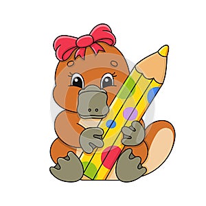 Platypus girl with pensil. Cartoon character. Colorful vector illustration. Isolated on white background. Design element. Template