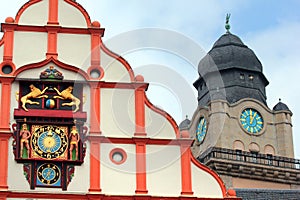 Plauen, Germany - March 28, 2023: Detail of the facade of town hall in the historical centre of Plauen, Saxony