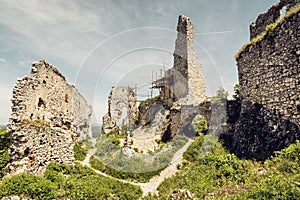 Plavecky castle in Slovak republic, ruins with scaffolding, travel destination