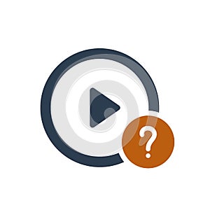 Play button icon with question mark. Play button icon and help, how to, info, query symbol