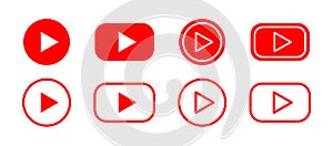 Play button icons. Vector red video player symbols. Flat movie, live social media arrow logos for web isolated. Watch, music,