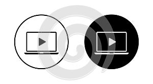 Play button on laptop screen icon on black circle
