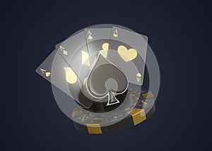 Play card icon, spades symbol, play card symbols, poker chip, dices and ace with golden metal isolated on the dark background.