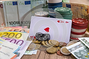 Play card, poker chips, euro bills
