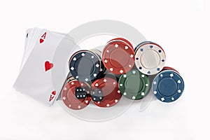Play card with poker chips isolated