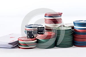 Play card with poker chips isolated