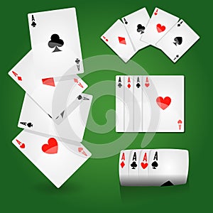 Play cards on green field, aces sets, casino or poker club