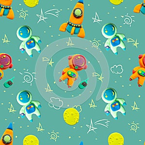 Play dough cute Spacemans Girl and Boy. Bright Cosmic Illustration. Handmade clay plasticine. Seamless image, Background