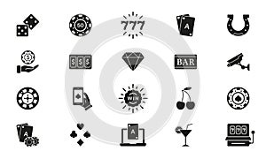 Play Gambling Game Black Silhouette Sign. Casino and Poker Solid Icon Set. Bet Lottery, Jackpot 777 in Vegas Symbol
