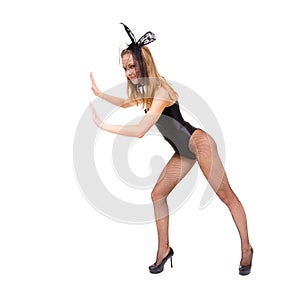 play girl wearing a bunny costume holding