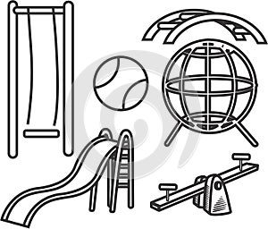 play ground equipment hand drawn set. children rides hand drawn set line art.