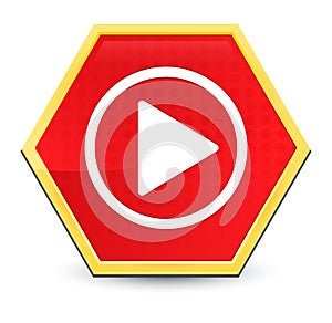 Play icon abstract red hexagon button bright yellow frame elegant design