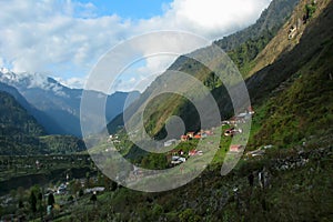 Play of light and shadow on Lachung, Lachung valley, town and a beautiful hill station in Northeast Sikkim, India. Himalayan