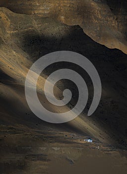 Play of light and shadow on the mountains seen at Kaza, Spiti Valley, Himachal Pradesh