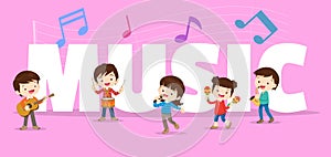 Play music concept of children group.Cartoon dancing kids and kids with musical instruments.cute child musician various actions