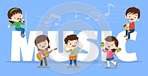 Play music concept of children group.Cartoon dancing kids and kids with musical instruments.cute child musician various actions