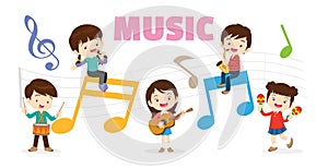 Play music concept of children group.Cartoon dancing kids and kids with musical instruments.cute child musician various actions