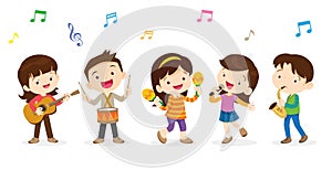 Play music concept of children group.Cartoon dancing kids and kids with musical instruments.cute child musician various actions