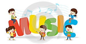 Play music concept of children group.Cartoon dancing kids and kids with musical instruments.cute child musician various actions