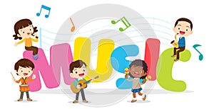 Play music concept of children group.Cartoon dancing kids and kids with musical instruments.cute child musician various actions