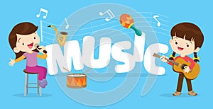 Play music concept of children group.Cartoon dancing kids and kids with musical instruments.cute child musician various actions