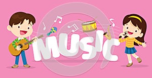 Play music concept of children group.Cartoon dancing kids and kids with musical instruments.cute child musician various actions