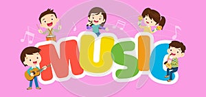 Play music concept of children group.Cartoon dancing kids and kids with musical instruments.cute child musician various actions