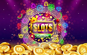 Play now slots neon icons, casino slot sign machine, night Vegas. Vector