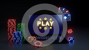 Play Online Gambling Win Concept With Glowing Neon Lights, Poker Cards and Poker Chips Isolated On The Black Background - 3D Illus