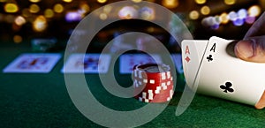 Play poker in casino. pocket aces and chips. copy space
