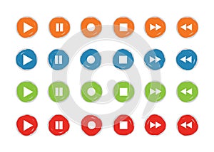 Play and record button icon set grunge 4 color vector