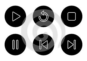 Play, replay, stop, pause, previous, and next track icon on black circle photo