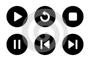 Play, replay, stop, pause, previous, and next track icon on black circle photo